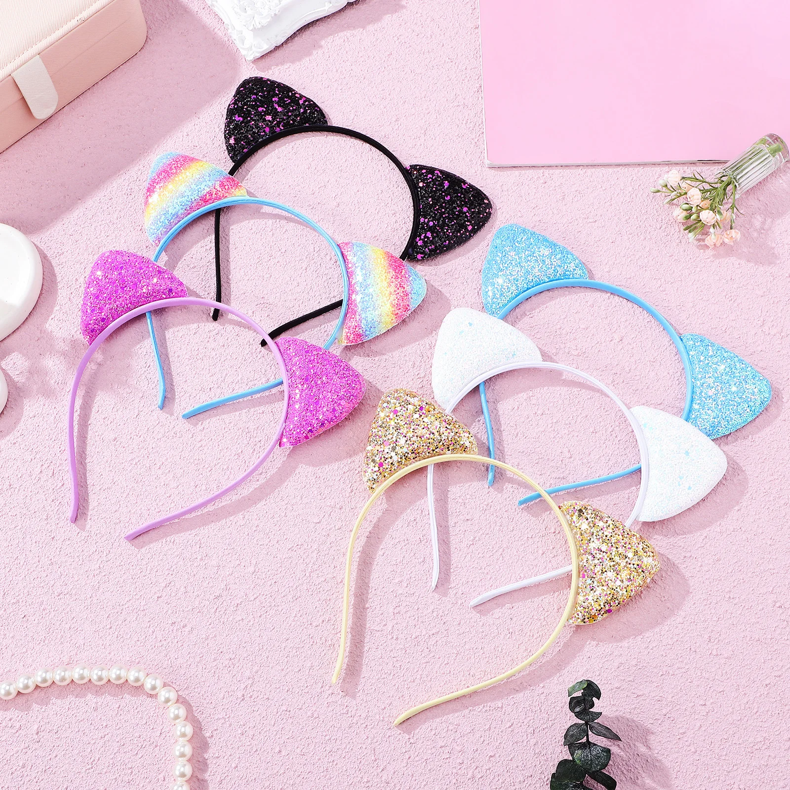 

6Pcs Cat Ears Headbands Shiny Sequin Glitter Hairbands Halloween Costume Accessories Cat Ears Headband Sequins Headbands