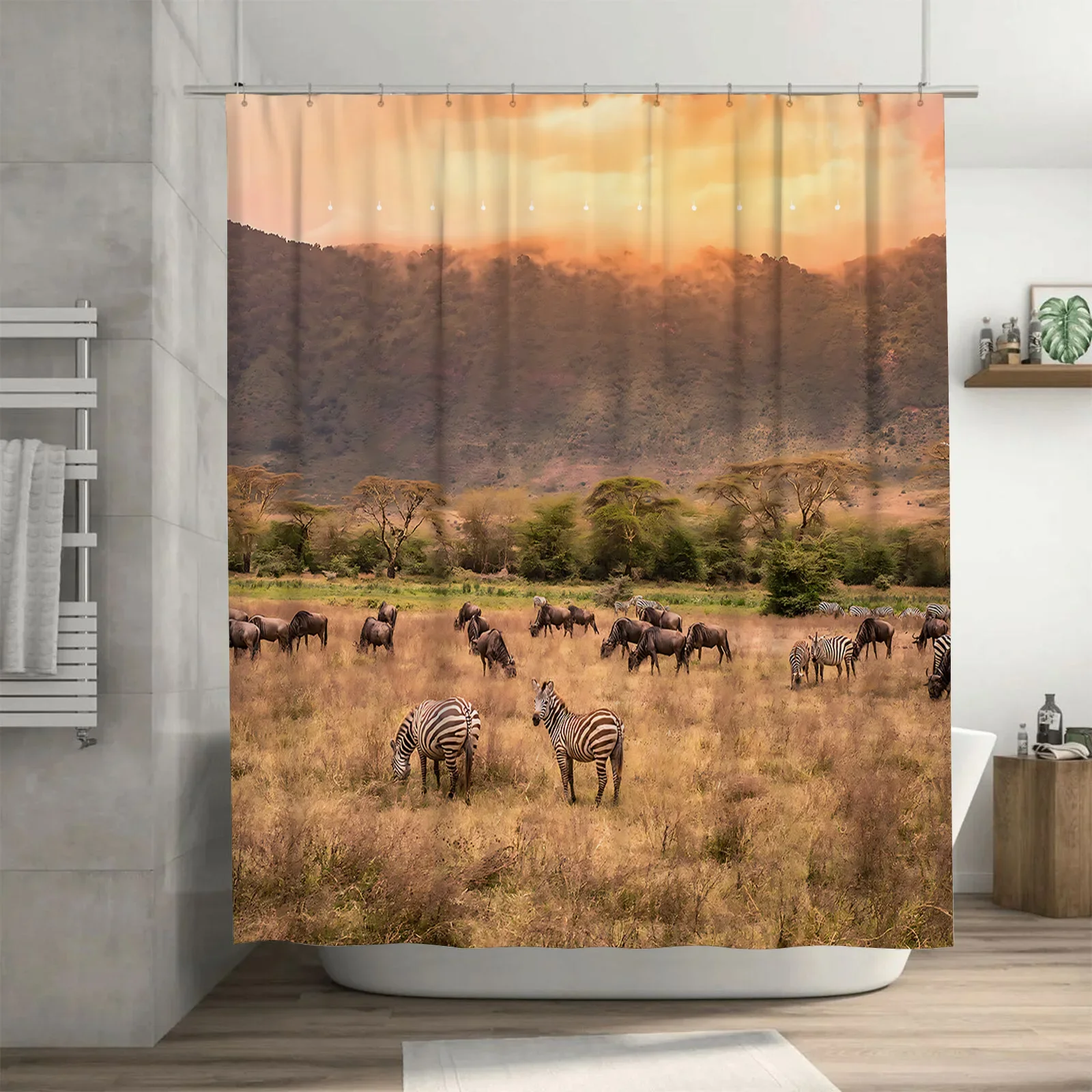 

Африканская пейзажная занавеска для душа Саванны, зебра и внутренняя часть, водонепроницаемая подкладка для сцены природы, уникальный дизайн домашнего декора