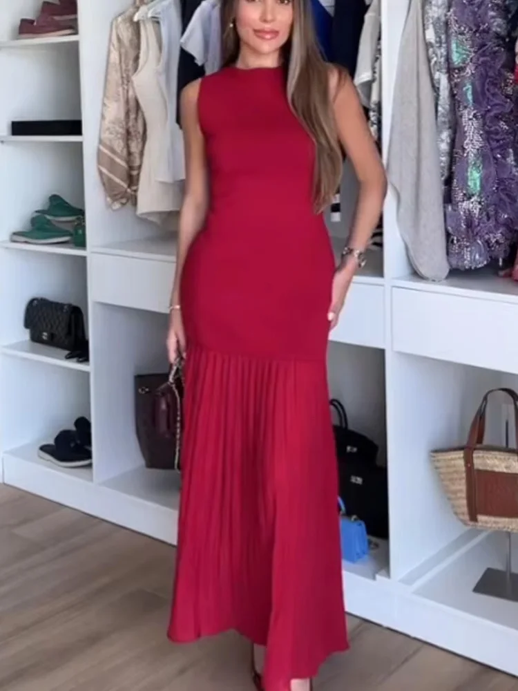 HH femme nouvelle mode mince solide longues robes col rond sans manches épissage robes femme élégante robe tricotée 2 couleurs