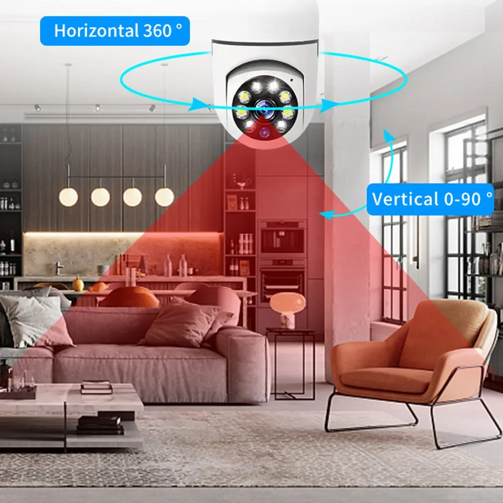 HDWIFI 전구 카메라, E27 나사 유형, 주야간 풀 컬러 조명, 고화질 감시 카메라, 이중 조명 360 회전