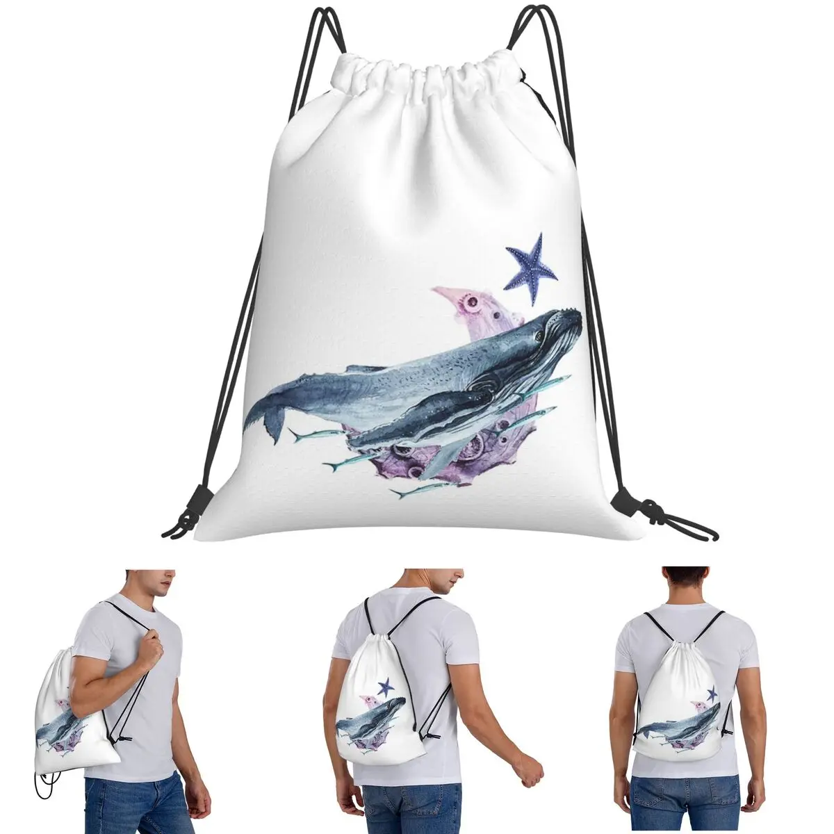 

Orca Whale And Dolphin Marine Life Backpacks Portable Drawstring Bundle Pocket Sports Bag Book Bags for Travel School