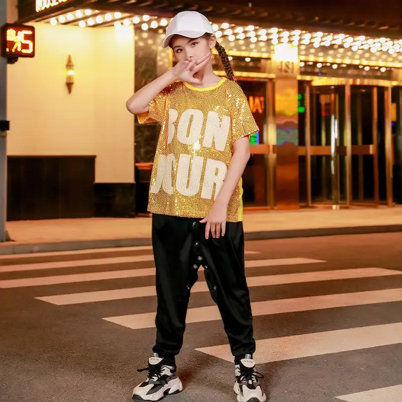 Conjunto de dança hip-hop com lantejoulas para crianças, roupa esportiva para dança de rua para meninos, fantasia de performance de palco para líderes de torcido