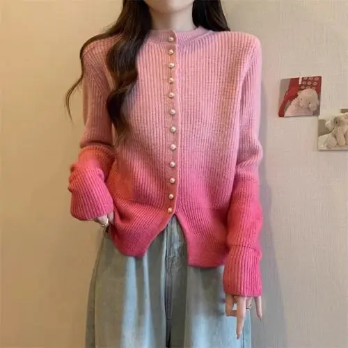 

Sweater Light Luxury Gradient Pink Slit Button Design Women'S Autumn And Winter Slimming Inner Knitted Bottoming Shirt Top