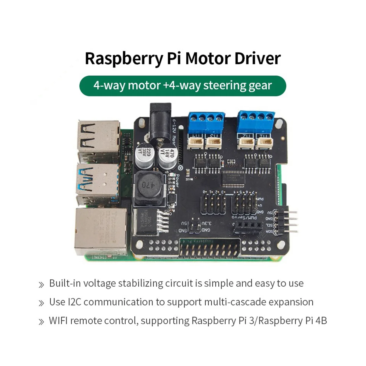 Placa de Expansão Robô para Raspberry Pi 4B e 3, Stepper Motor Hat, Motor de 4 Vias, WiFi, Controle Remoto