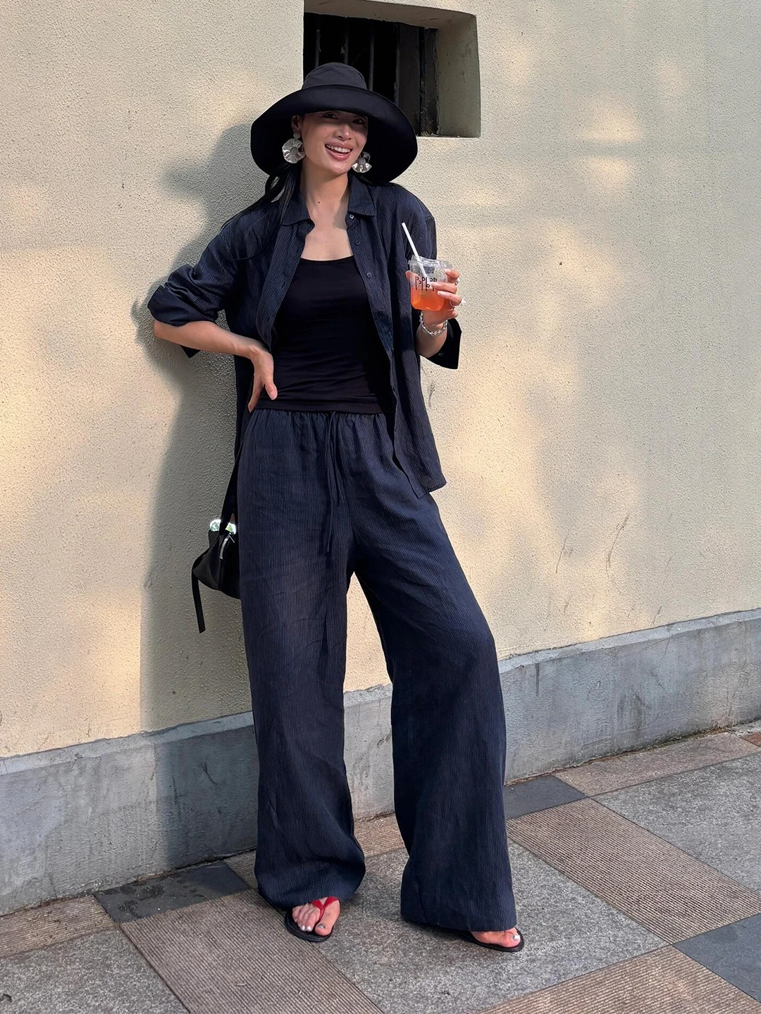 Casual Stripe Linen Shirt Women's Loose Fit Autumn Leisure Blue Long Sleeve Shirt And Pants Two Piece Set Fashionable Ensemble