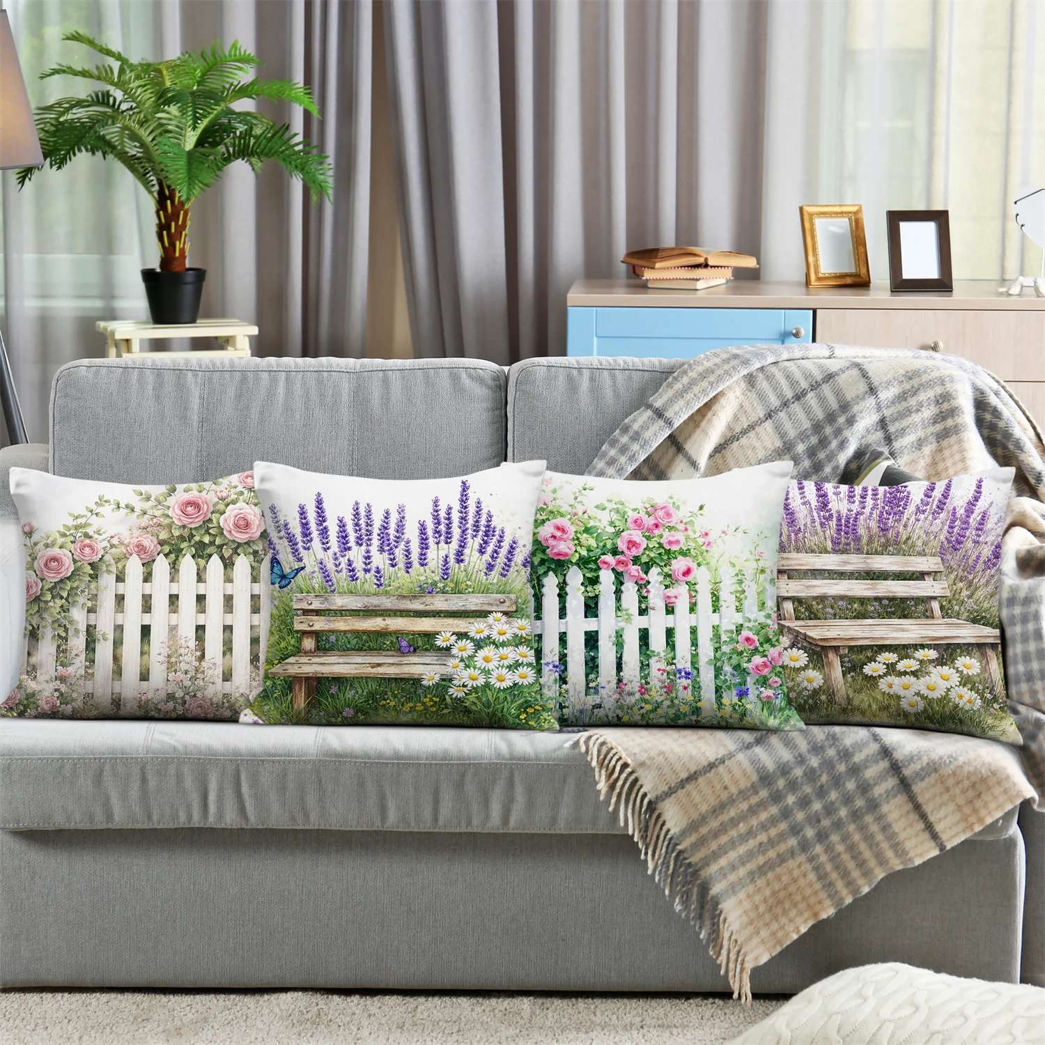 Lavender Rose Pillow Covers, Rustic Fence Bench Floral Decorative Throw Pillow Cases, Farmhouse Home Decor Cushion Covers 4pcs