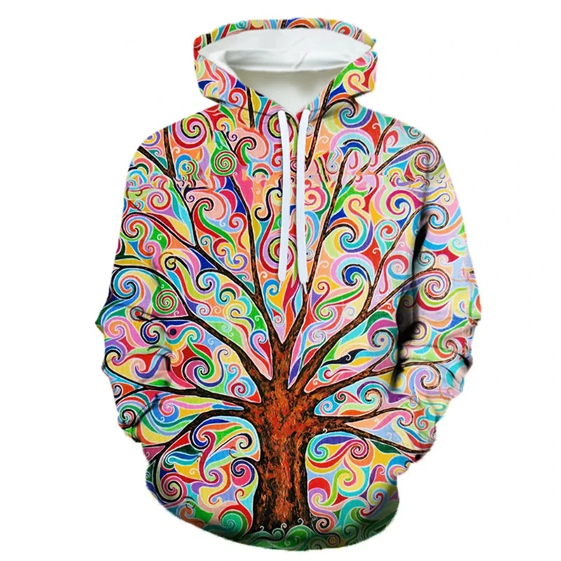 Cartoon Abstract Tree Hoodies Striped Multicolor Circular Pattern 3D Printed Hooded Sweatshirt Street Casual Sports Men's Hoodie