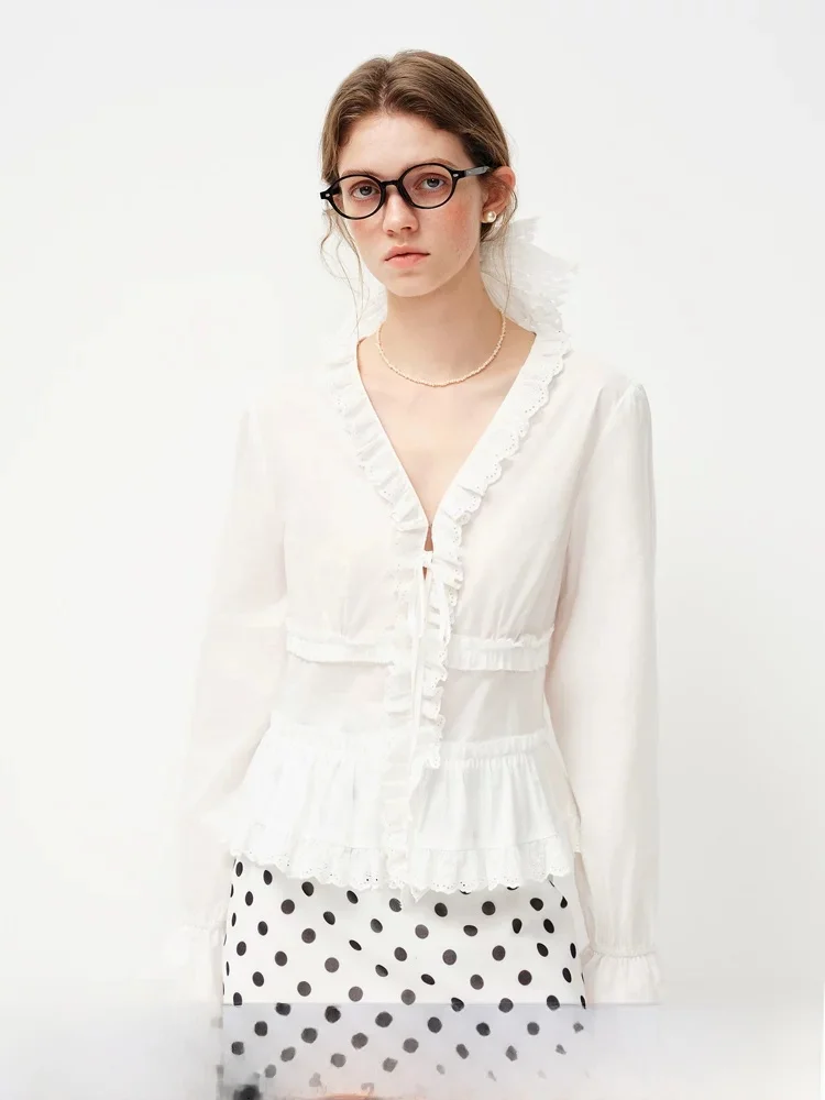 

Vivian Fanchen Long Sve V-ne Lace Patchwork Women's irt Spring 2026 New Sle Commute Sle Cotton Bell Sve