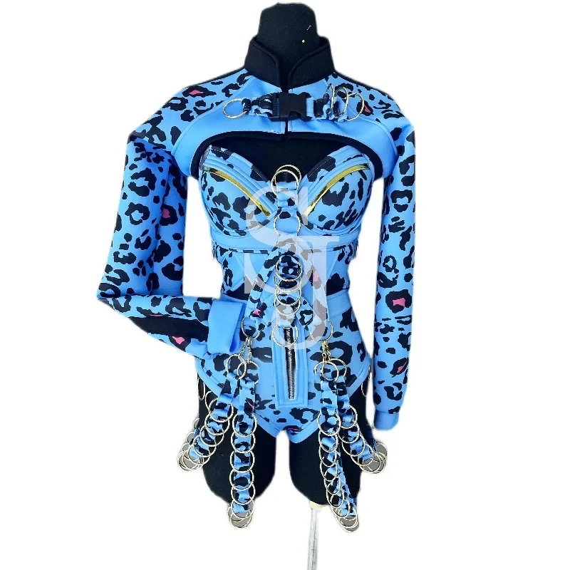 Sexy Gogo Dance Clothing Pole Dance Costume Women Blue Leopard Chain Bodsyuit Rave Outfit