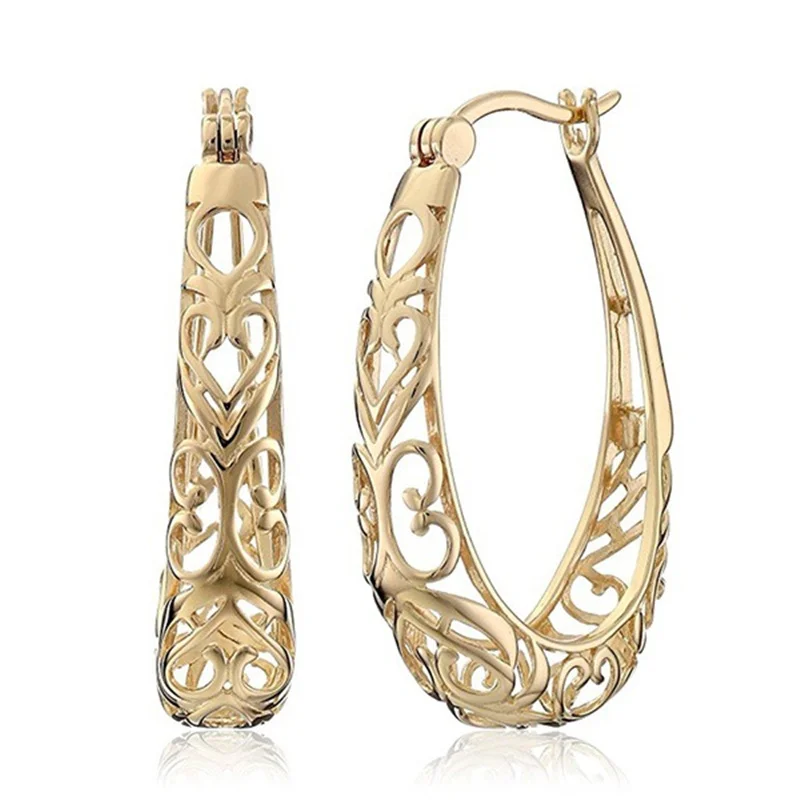 

925 Sterling Silver Elegant Hollow Earrings for Women Ethnic Style Gold Color Simple Hoop Earrings Wedding Engagement Jewelry