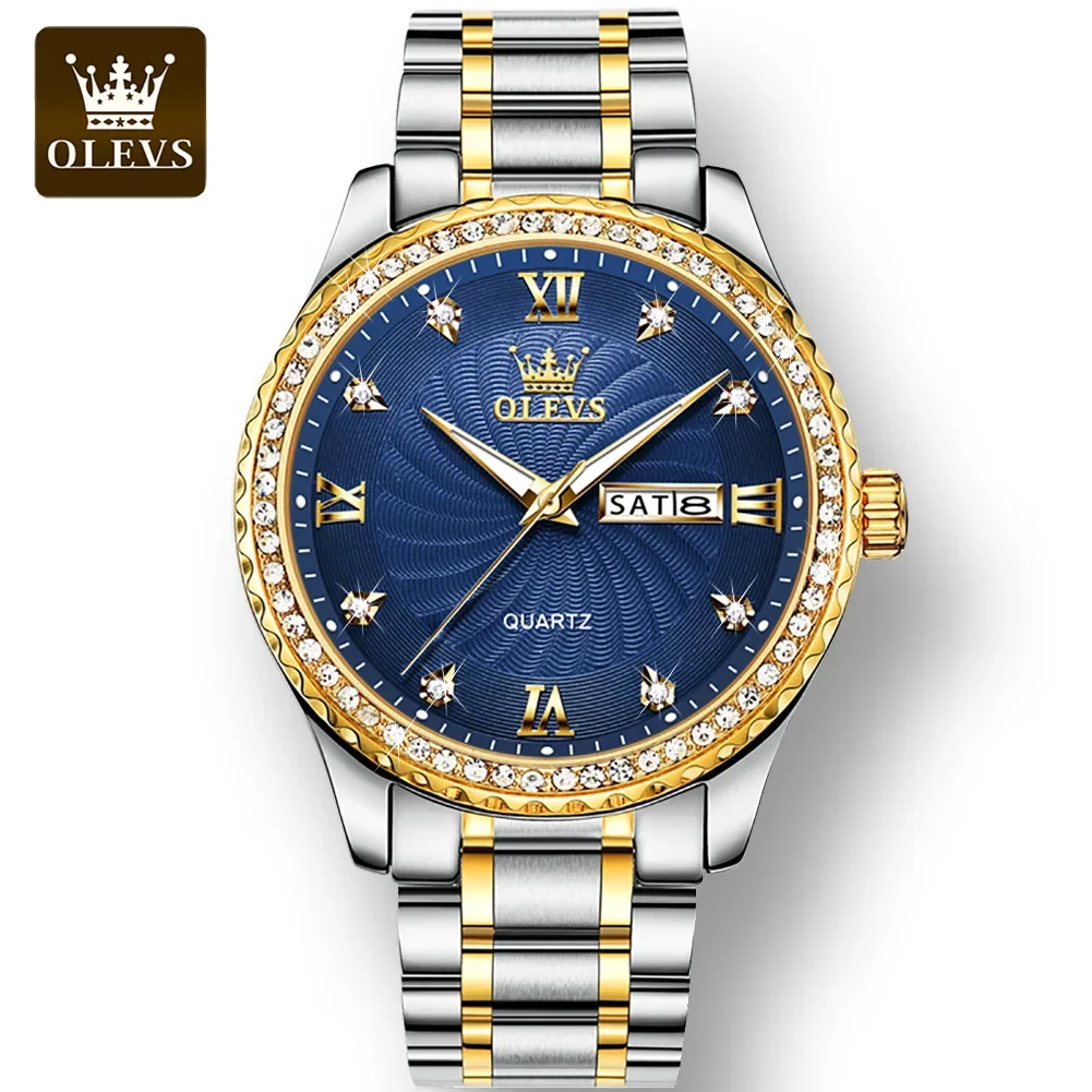 OLEVS Quartz Stainless Steel Strap Men Wristwatches Waterproof Business Golden Diamond-encrusted Luxury Watch for Men Luminous