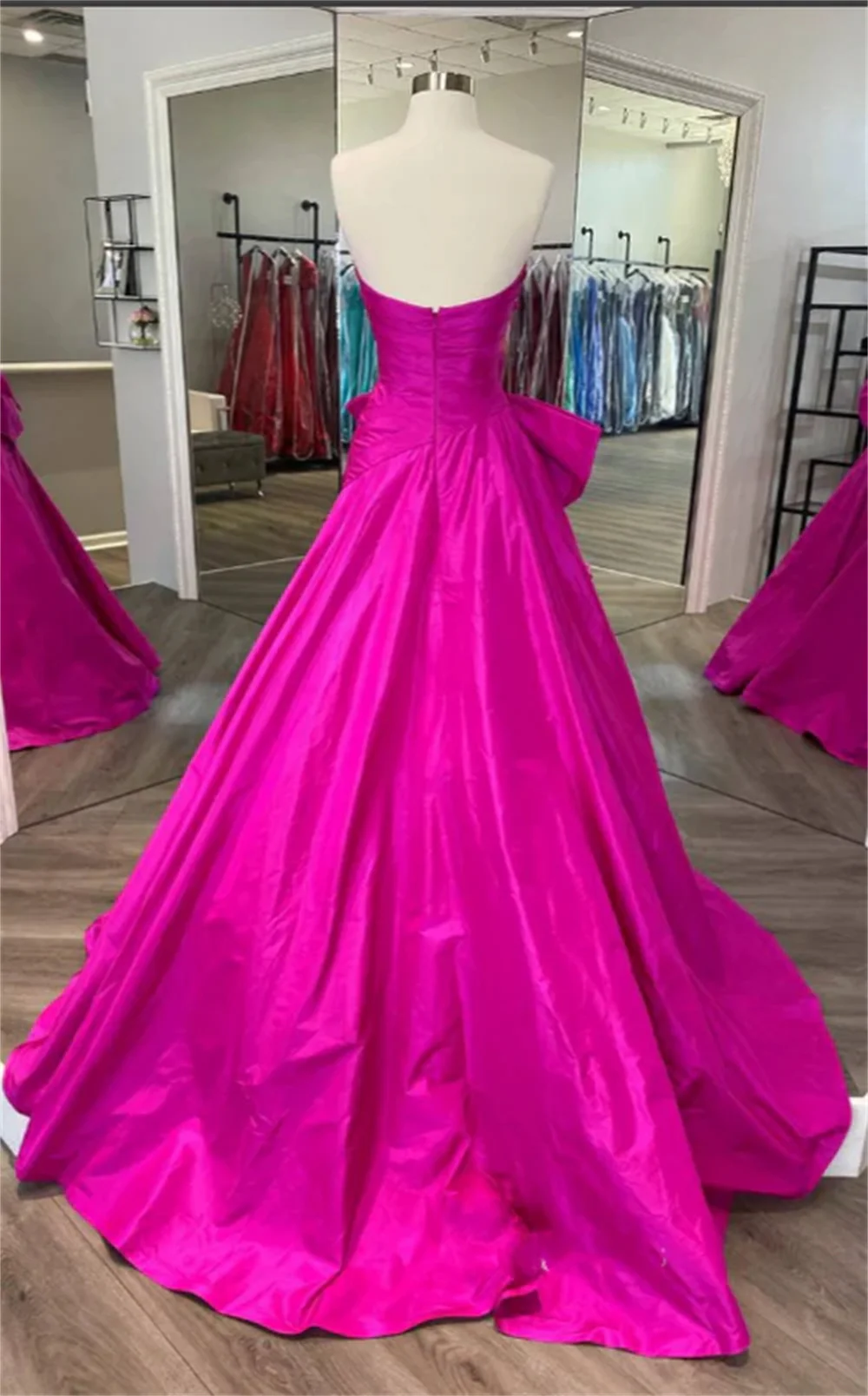 Cathy Hot Pink High-low A-line Prom Dress Sweetheart Big Floppy Bow  فساتين السهرة Customized Off Shoulder Satin Evening Dress