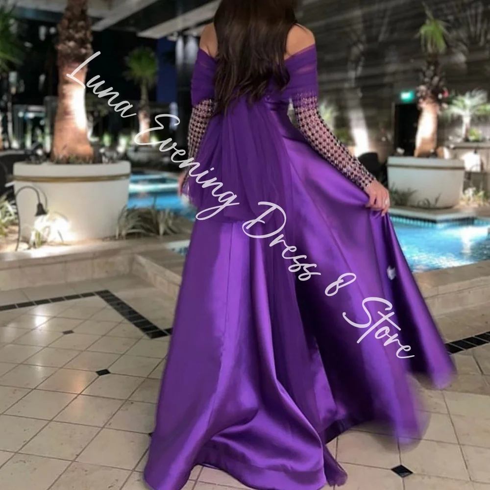 Customized Modern Satin A-Line Off the Shoulder Crystal Evening Dress Strapless Long Sleeves Panel Train Bespoke Occasion Gowns