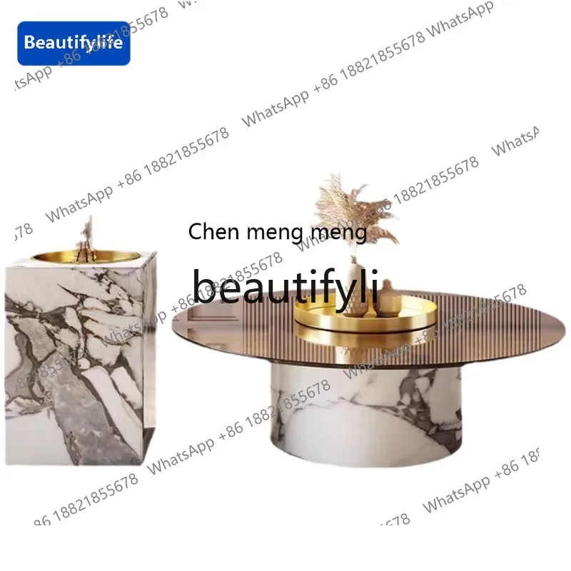 

178CC Light Luxury Marble Glass Coffee Table Living Room Round Designer Style Round Coffee Table Combination