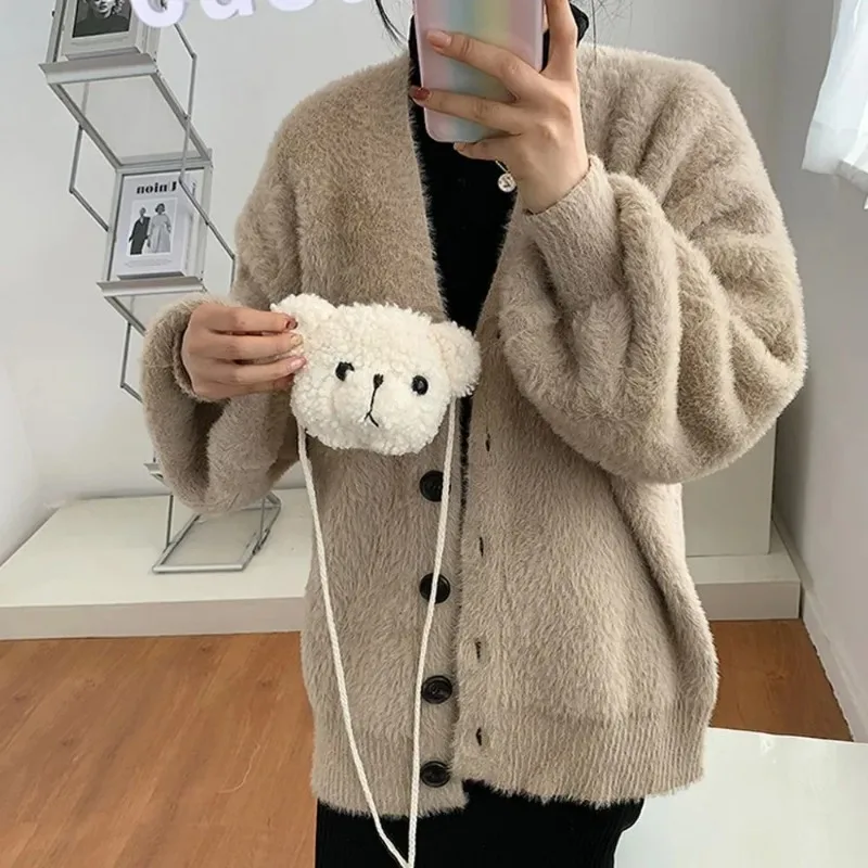 Kawai Soft Plush Bear Crossbody Bags for Girls White Brown Bear Doll Shoulder Bags Coin Money Organizer Pouch Children Gifts