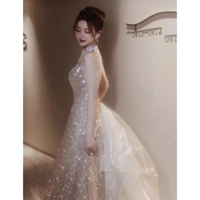Champagne Color High-End Cany Annual Dinner Host Evening Gown Women's Collar Sequin Luxury Sensation Dr
