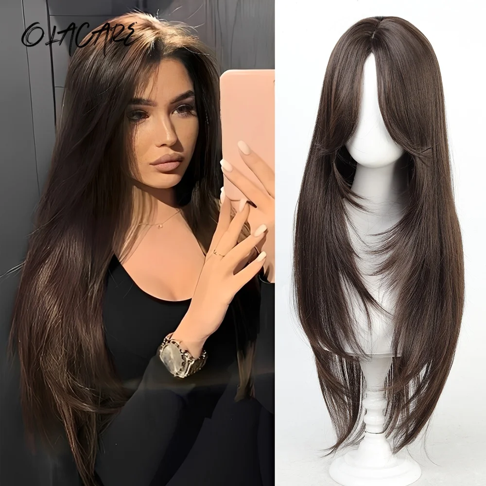 

OLACARE 30 Inch Straight Synthetic Wig Layered Dark Brown Heat-Resistant Natural Smooth Hair Fiber Party Bangs Wigs For Women