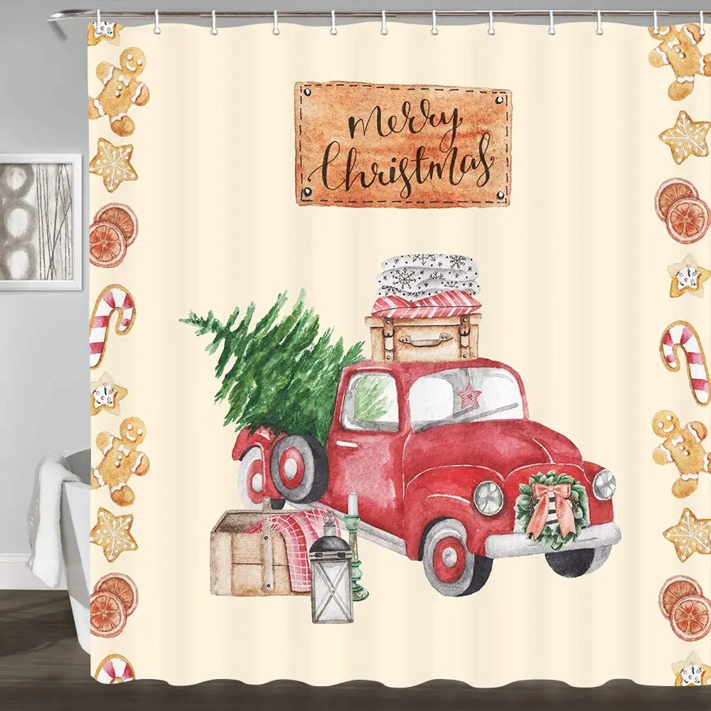 Merry Christmas Shower Curtain Watercolor Red Car Xmas Tree Bathroom Curtains Polyester Fabric Waterproof Bath Decor