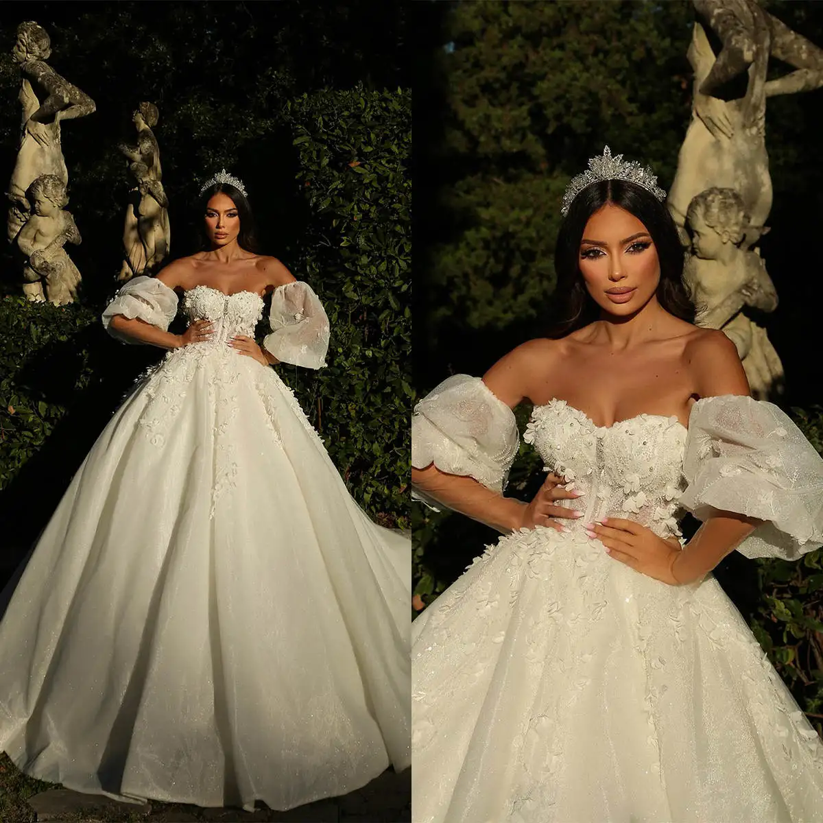 

Princess Ball Gown Wedding Dresses Strapless Appliques Sequined Rushed Floor-Length Bridal Gowns Vestido de novia Custom Made