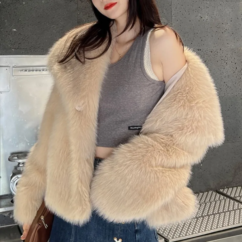 

2025 женская зимняя куртка из искусственного меха с лацканами, теплое утепленное пальто с длинными рукавами, пушистый пушистый верх, меховая повседневная одежда, топы в винтажном стиле