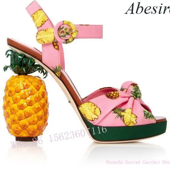 New Pineapple High Heels, Shaped Heel Sandals, Embellished Print Decoration, Open Toe High Heels, Thick Sole Shoes for Women