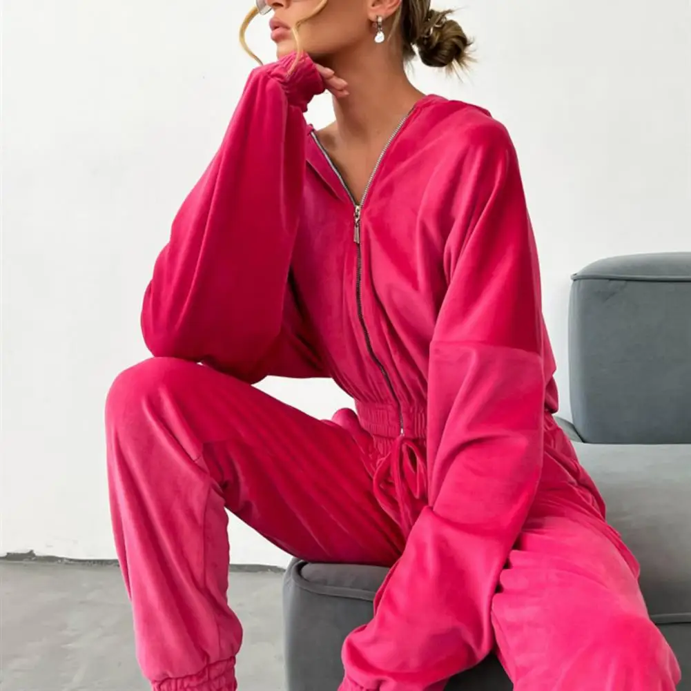 Solid Color Sports Pantsuit Stylish Women's Hooded Tracksuit Set with Zip-up Coat Ankle-banded Pants for Winter Daily Wear Long