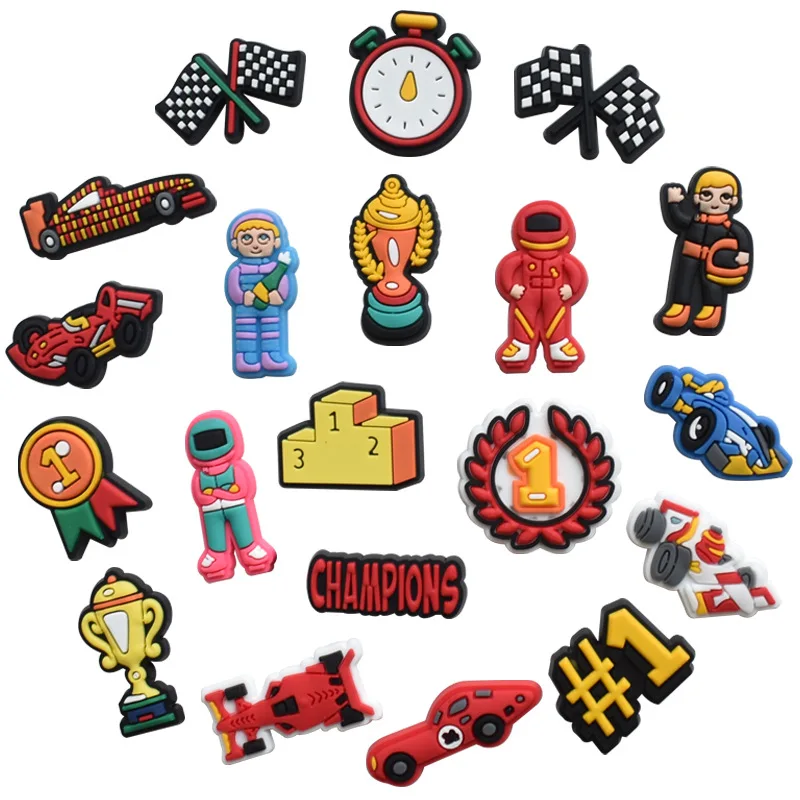 20pcs Racing Car PVC Shoe Charms Formula1Themed Clog Accessories Champion Trophy Checkered Flag Shoe Decorations for Kids&Adults