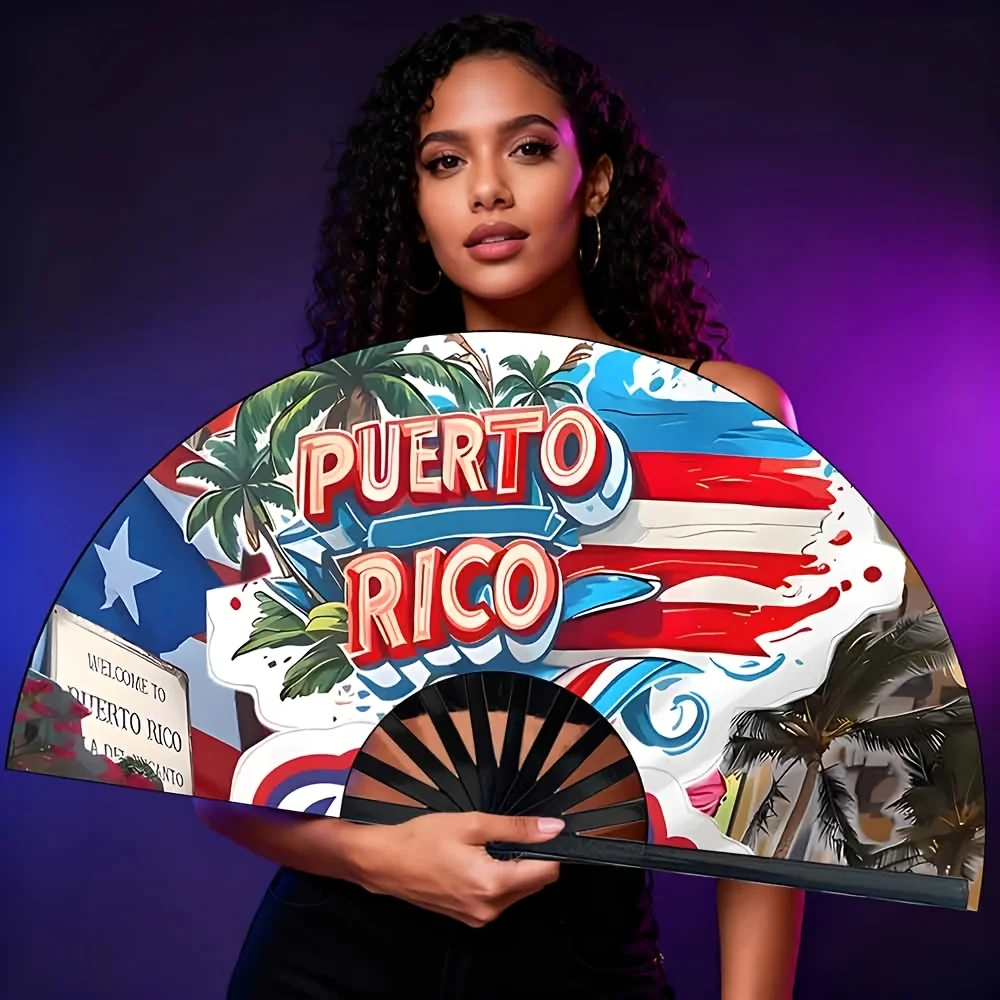 Puerto Rican Flag Coconut Tree Folding Fan, Island Style Pattern, Vacation Island Style Folding Fan, Puerto Rican Cultural Pattern, Women's Folding Fan.