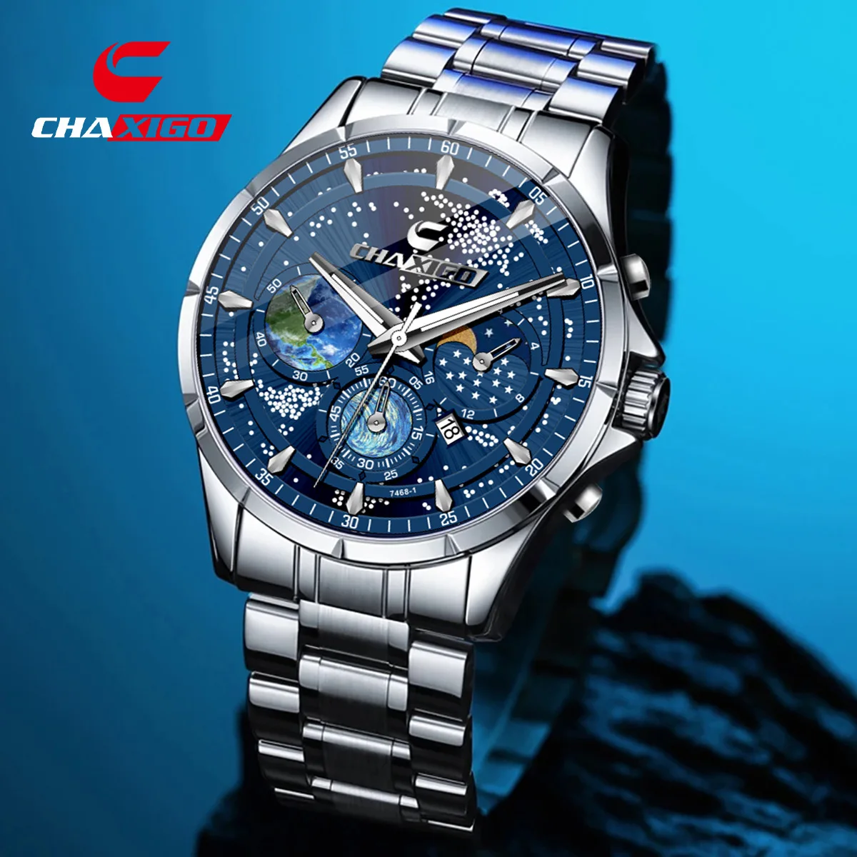 

Chaxigo 7468 New Men Six Pin Multifunctional Calendar Night Light Moon Phase Waterproof Quartz Stainless Steel Watches for Man