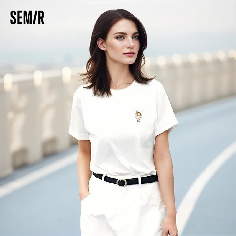 Semir Super Plant Short Sleeve T-Shirt Women Antibacterial 2024 Summer New Loose Embroidery Tops Versatile T shirt