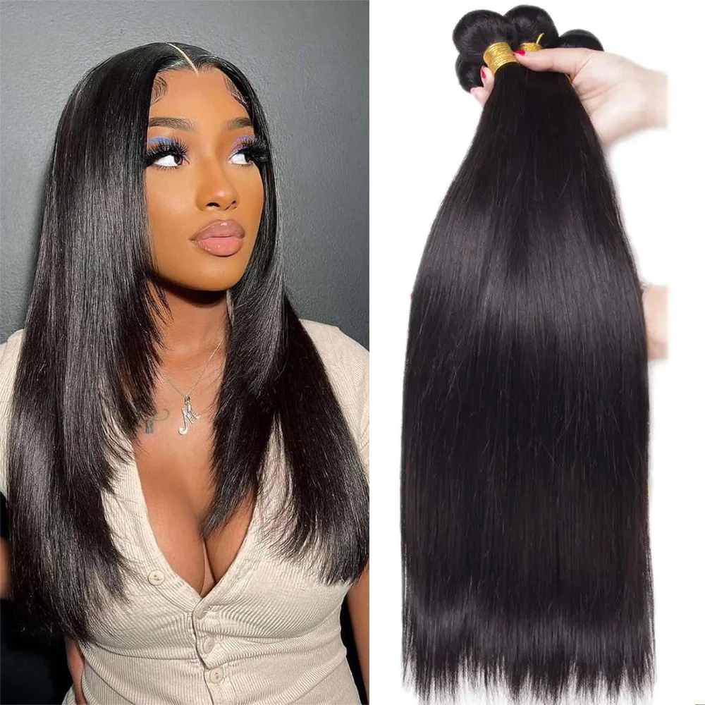 Mèches Brésiliennes Naturelles Remy Lisses à Double Trame, Extensions de Cheveux Noirs Naturels de 28 et 30 Pouces, Lot de 1, 3 ou 4 Pièces, Vente en Gros