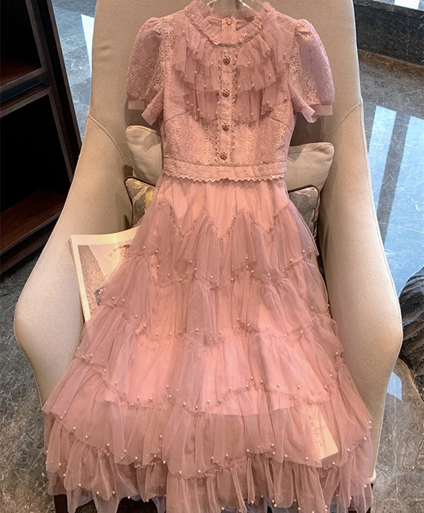 달콤한 핑크 진주 구슬 케이크 프릴 파티, 레이스 메쉬 패치워크 퍼프 슬리브, 할로우 아웃 베스티도, 원피스 프렌치 여름 패션