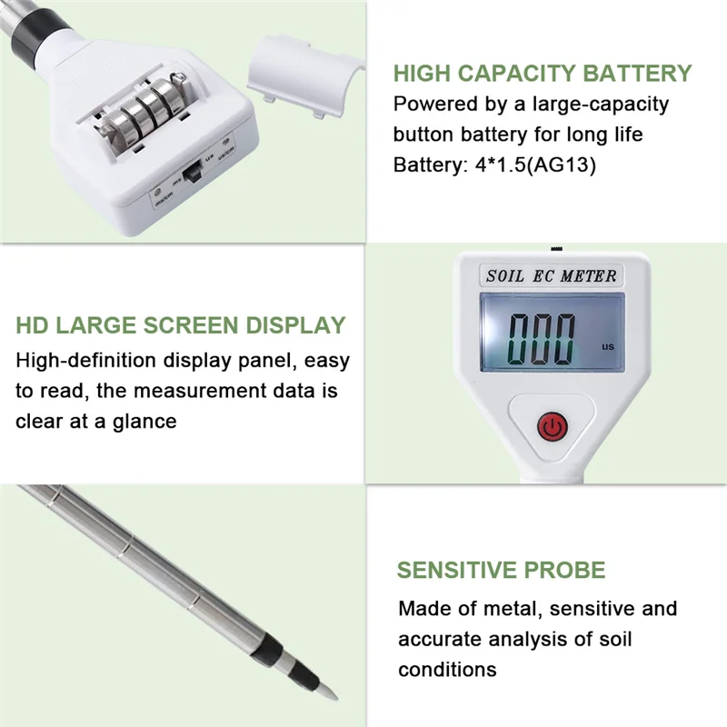 

Professional Soil EC Meter 0-1999Us/cm High Precision Metal Probe ATC Conductivity Tester Detector for Flowers Farmland