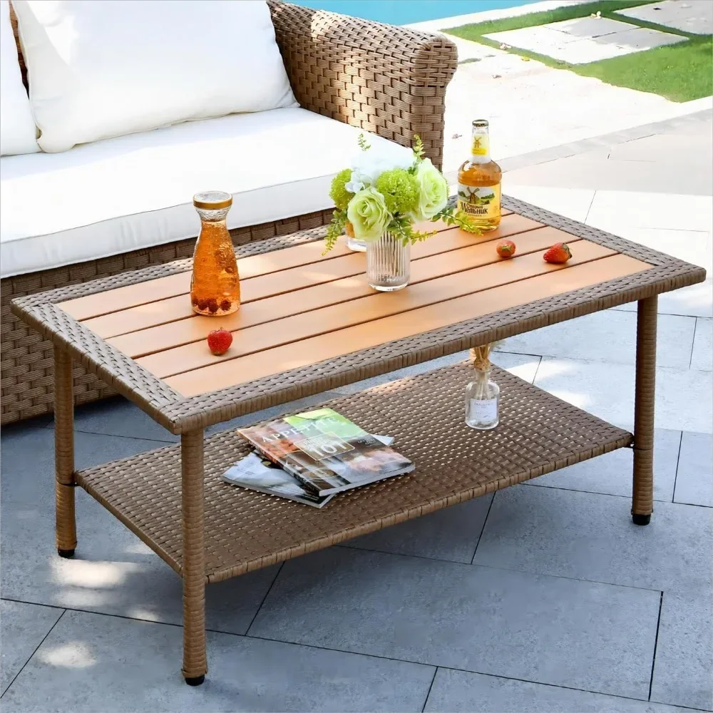 

All-day Rattan Patio Bistro Table for Garden Backyard Porch Outdoor Wicker Coffee Table With 2 Tiers Camping Furniture