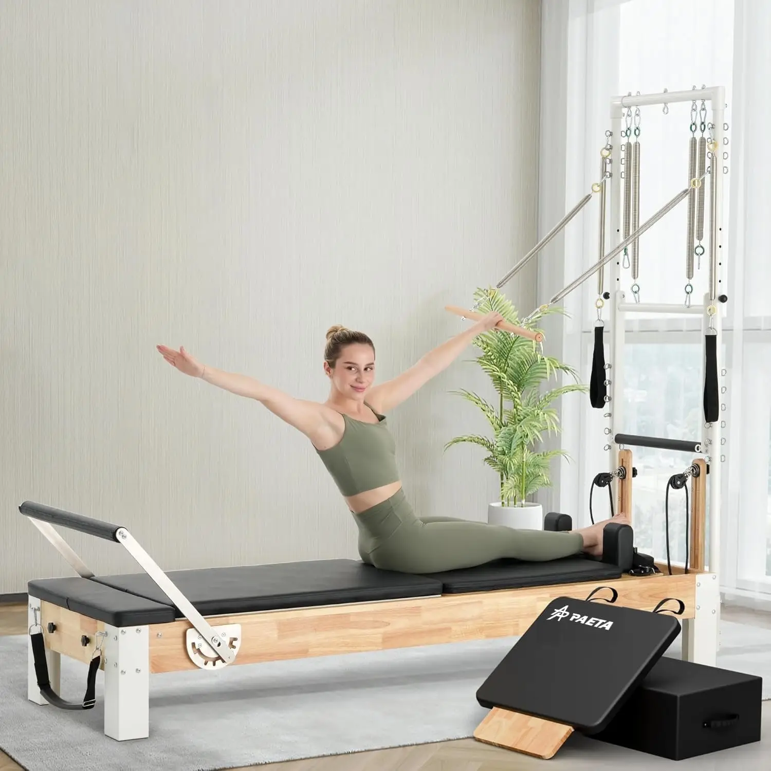 Pilates Reformer, Wooden Reformer Pilates Machine with Tower & Mat, Pilates Equipment for Home Workout and Studio, Includes Sitt