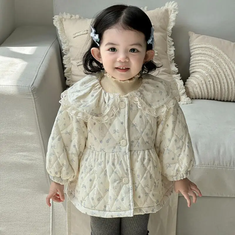 

Girls Autumn Winter Padded Jacket Warmth Coat Print Tops Peter Pan Collar Comfortable New Fashion Children Clothes 7 To 12 Years