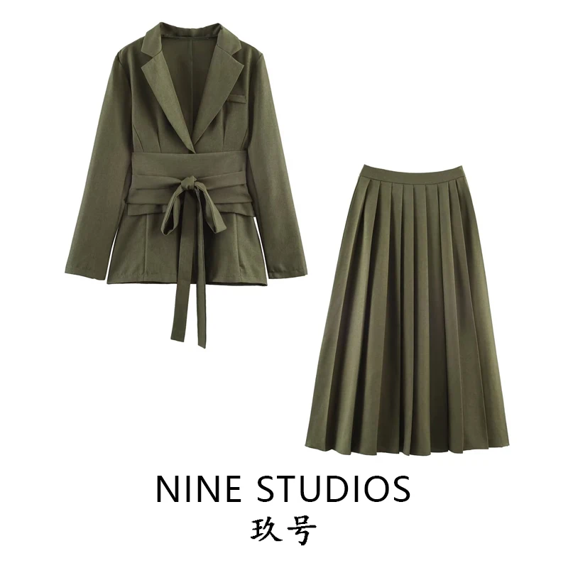 Simple Elegant Belted Suit Jacket Top High Waist  Skirt Two Piece Set Women's Fashion Autumn Winter Spring Summer Wear