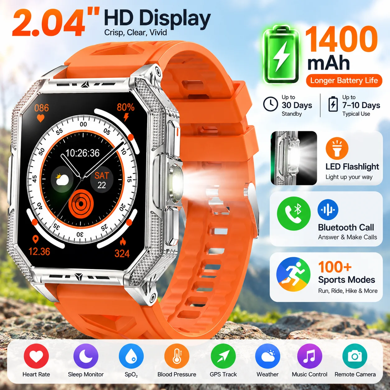 LIGE 2026Military Grade Outdoor Sports Smart Watch 1400mAh Long Standby Waterproof Flashlight Bluetooth Call Smartwatch For Men