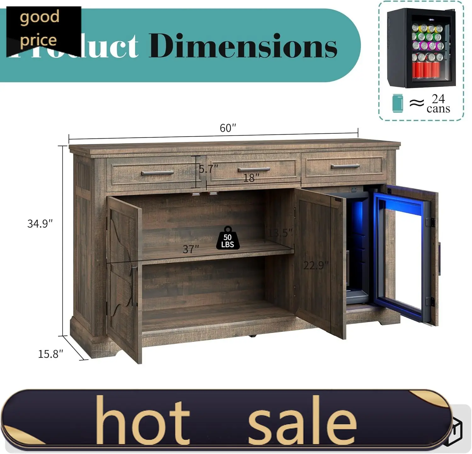 

60" Farmhouse Coffee Bar Cabinet with Mini Fridge Space, Wine Bar Cabinet with Drawers & Shelves, Buffet Sideboard Table for Hom
