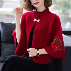 High End Women Imitation Mink Velvet Coat Autumn Winter Embroidered Shawl Fashion Short Sweater Shawl Knitted Cardigan Jacket