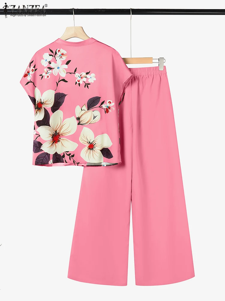 ZANZEA 2025 Baju Olahraga Cetak Musim Panas Set Cocok Wanita Blus Lengan Pendek Elegan Set Celana Kaki Lebar 2 Potong Pakaian Kasual
