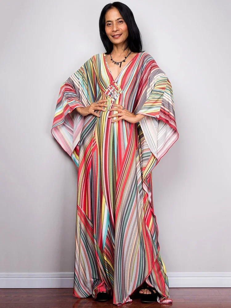 2025 new Floral Printed Swimsuit Cover-Ups Women Robe V-Neck Plus Size Pleated Beach Long Dress Summer  Fashion Beach Cover Up