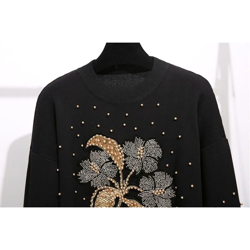 Manual Beaded Sequin Flowers Women Knitted Tracksuit Set Loose Black Pullover Sweater Long Pants Knit Two Piece Outfits Female