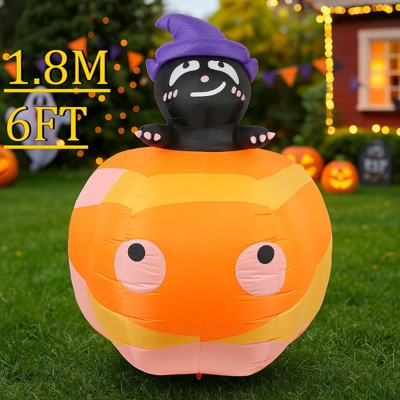 

6FT Outdoor Holiday Decorations Inflatable Model Black Cat Sit on Pumpkin Halloween Garden Home Decor Glowing Toy Inflated Model