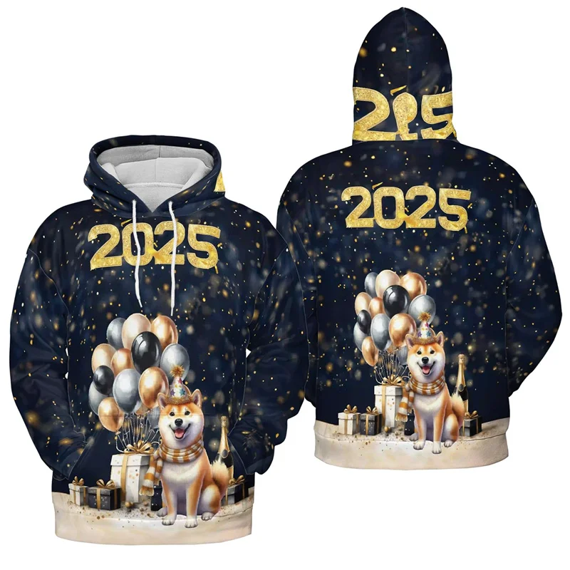 3D Print Hello 2025 Happy New Year Hoodies Bull Terrier Graphic Hooded Hoody Kid Funny Sweatshirt Unisex Pullovers Mens Clothing