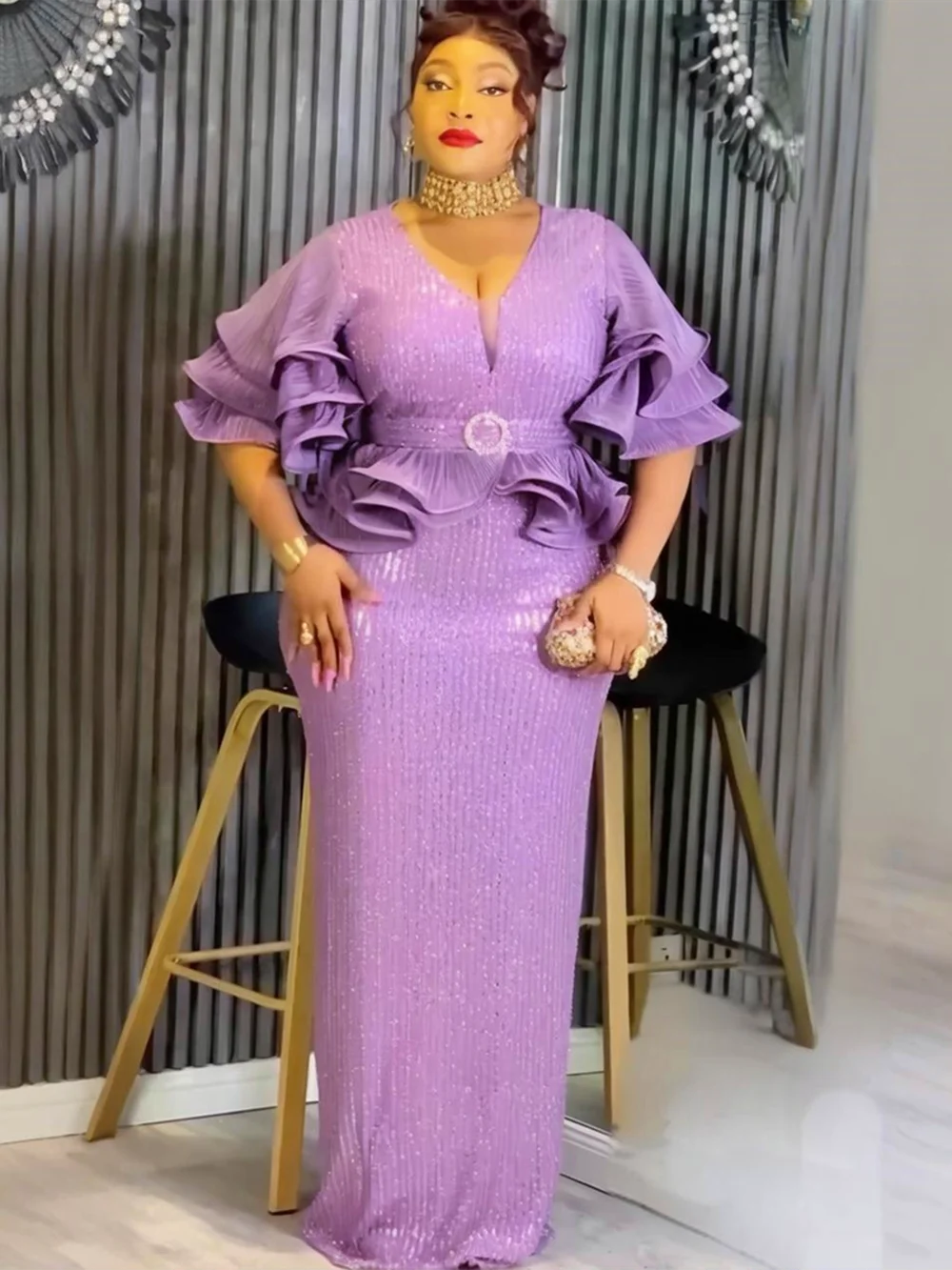 

﻿ Elegant African Dresses for Women 2026 New Ruffle Sleeve Sequin Wedding Party Long Dress Plus Size Evening Gown Lady Clothing