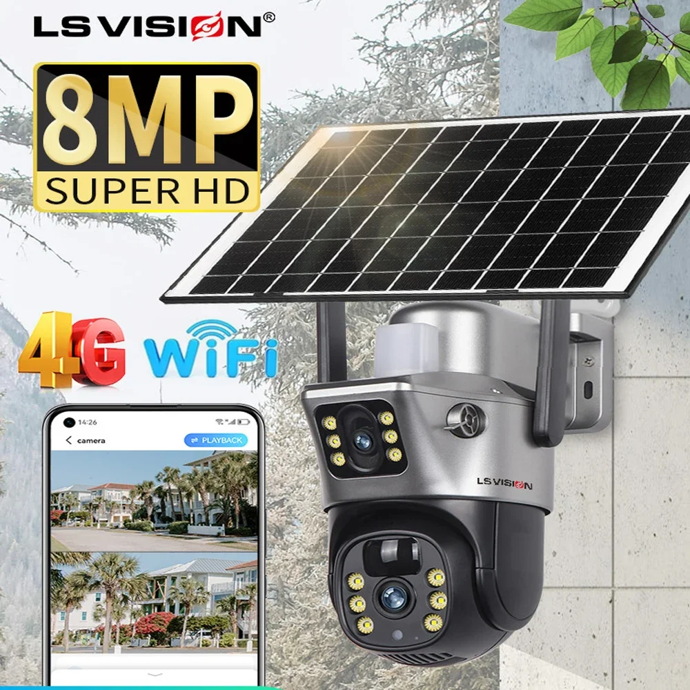 LS VISION Solar Camera, 4K, 8MP, 4G SIM Card, Dual Lens Screen, WiFi Surveillance, PTZ Battery, Color Night Vision, PIR Detect