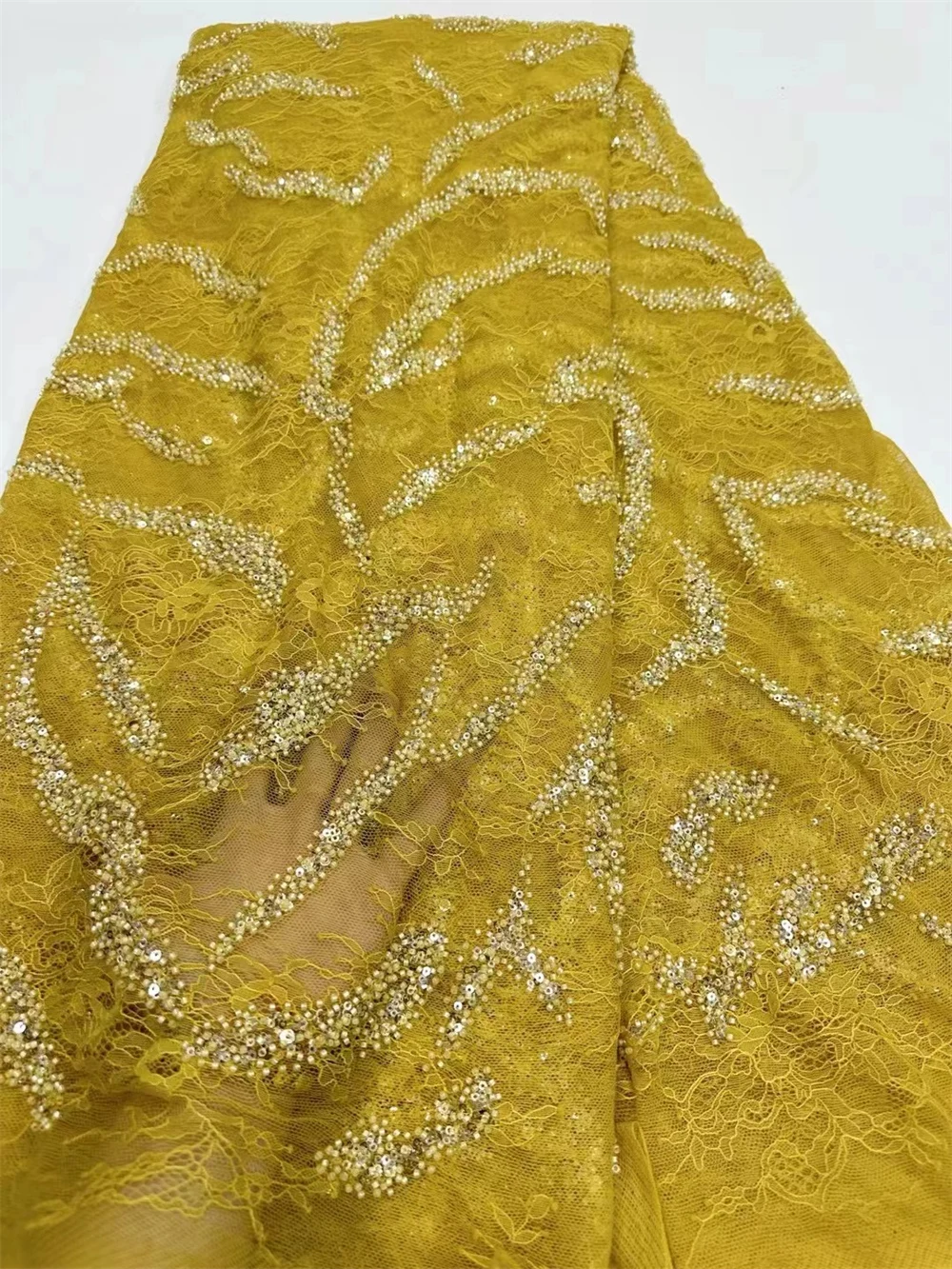 

African Net Chantily Lace With BEADS French Tulle Lace African Lace Fabric 5 Yards Nigerian Lace Fabrics For Wedding Dress Sew