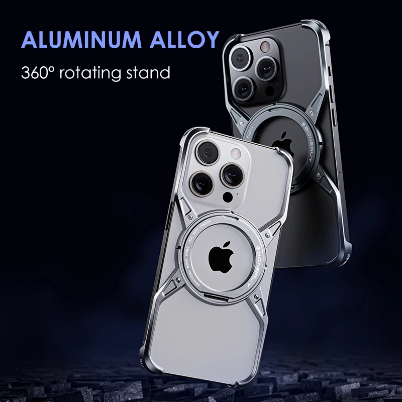 

Aluminum Alloy Magnetic MagSafe Stand Phone Case For iPhone 14 13 15 16 Pro Max 16Pro Metal Hollow Rimless Bumper Cover Funda