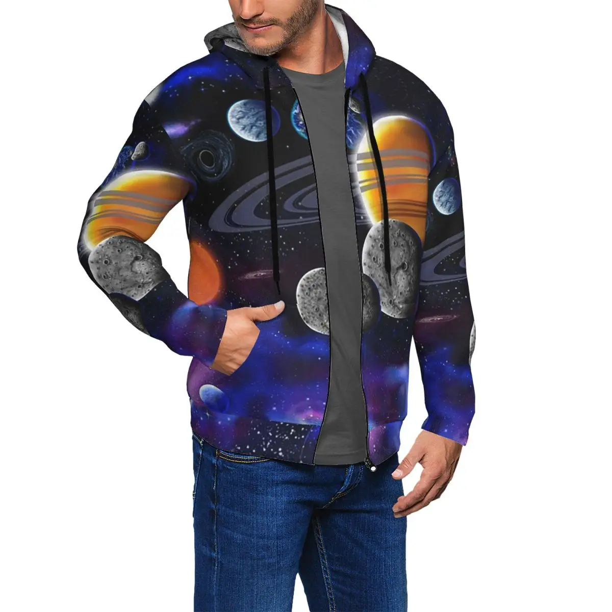 Solar System Space Planets Universe Zipper Hoodie Hip Hop Pullover Autumn Winter Men Women Sweatshirt Long Sleeve Tops